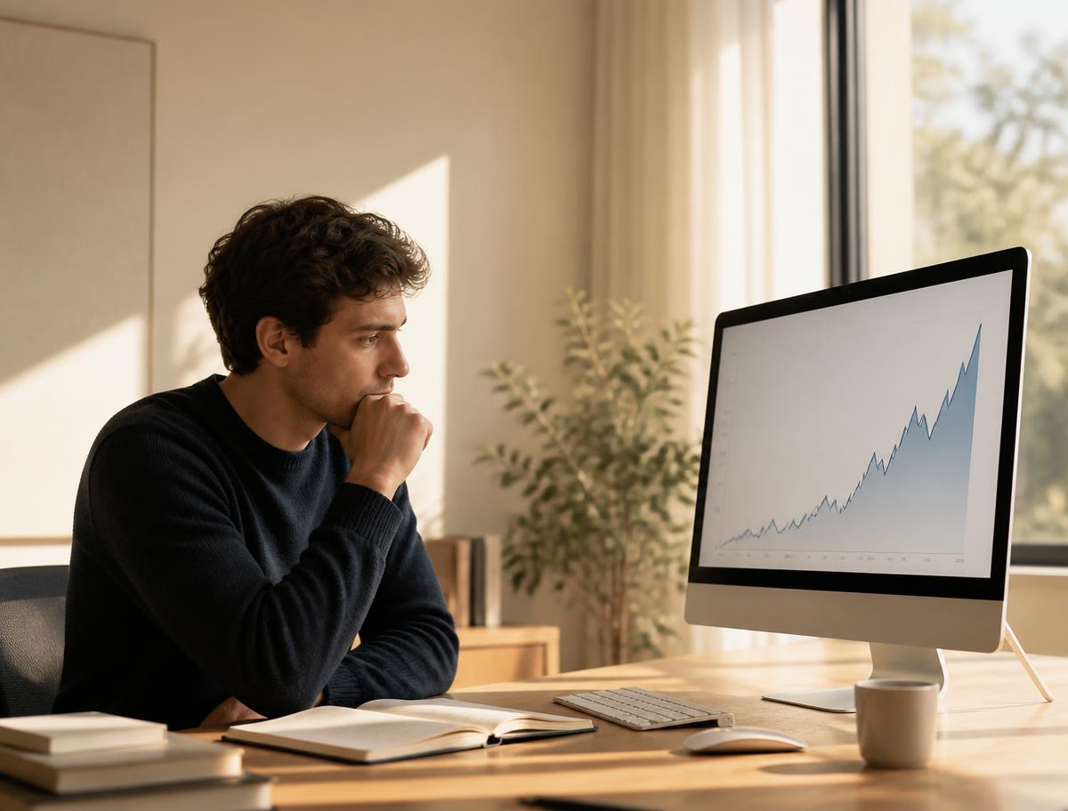 Founder studying a rising visibility trend chart on a desktop screen.