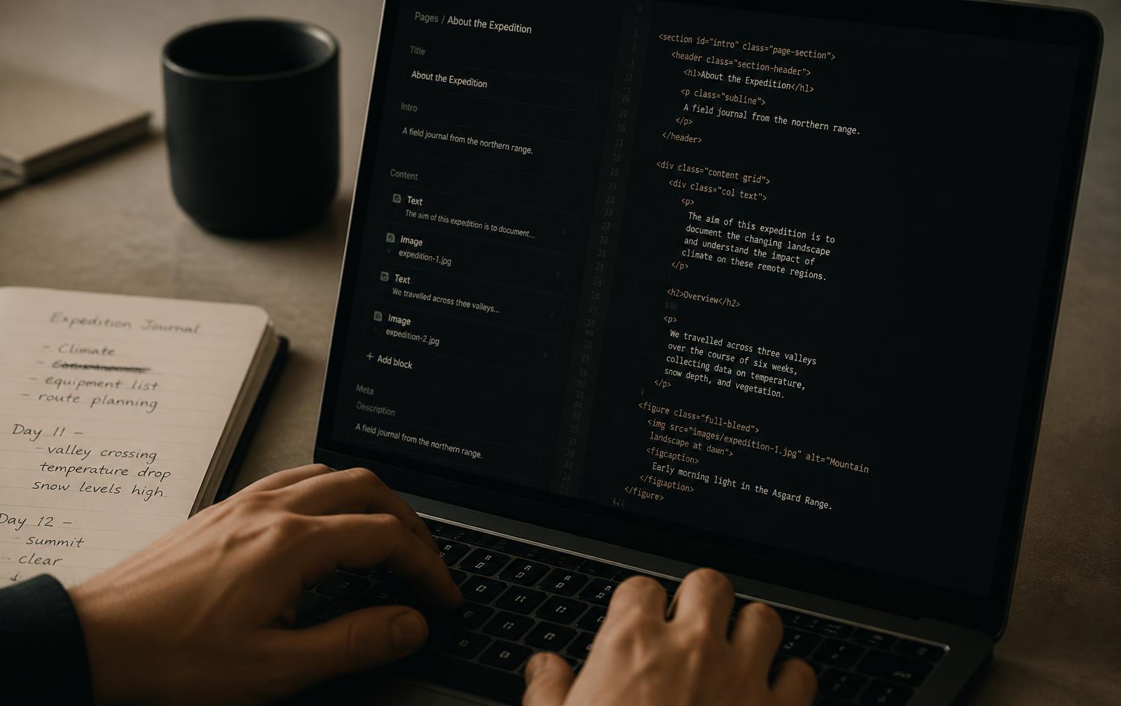Close-up of hands editing structured page content and schema markup on a laptop.