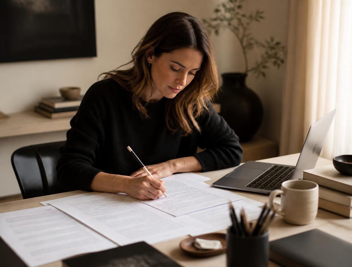 Content strategist marking up printed article drafts beside a laptop.