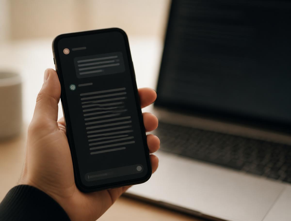 Close-up of a phone showing an AI assistant answering a buyer question.
