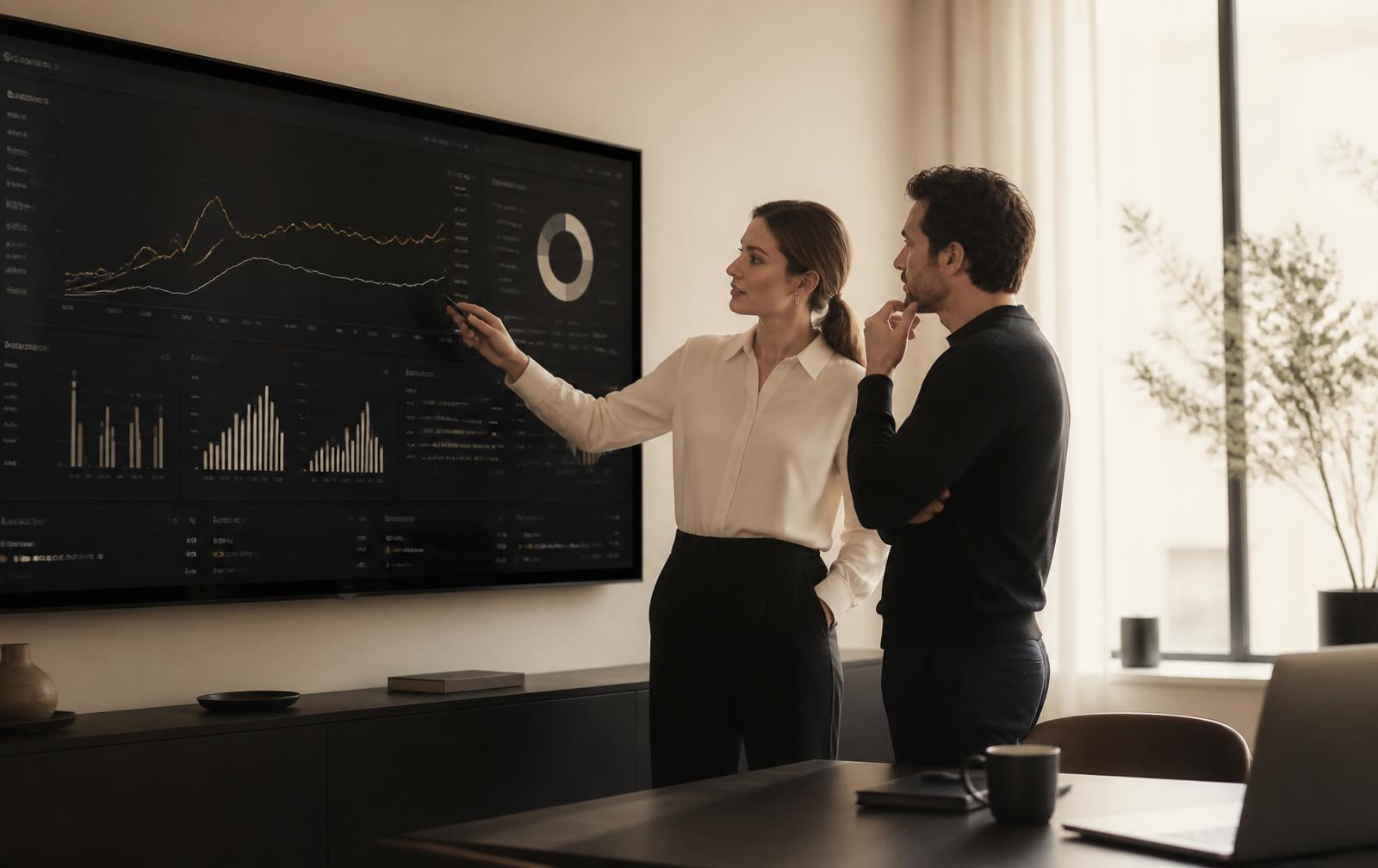 Two marketers reviewing an AI visibility analytics dashboard on a large screen.