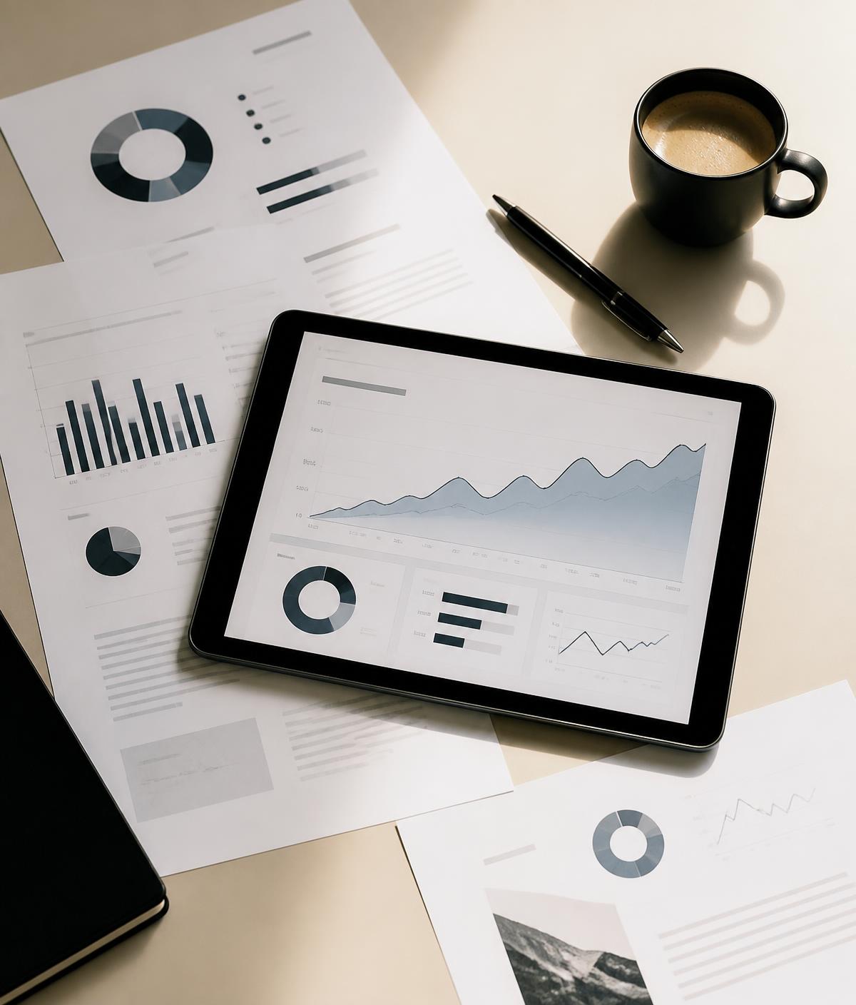 Printed AI visibility report pages and a tablet showing a search visibility chart